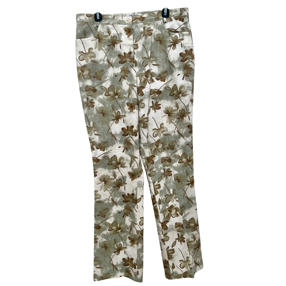 Tribal Womens Floral Print Stretch‎ Straight Leg Pants Olive Tan Cream Size 14